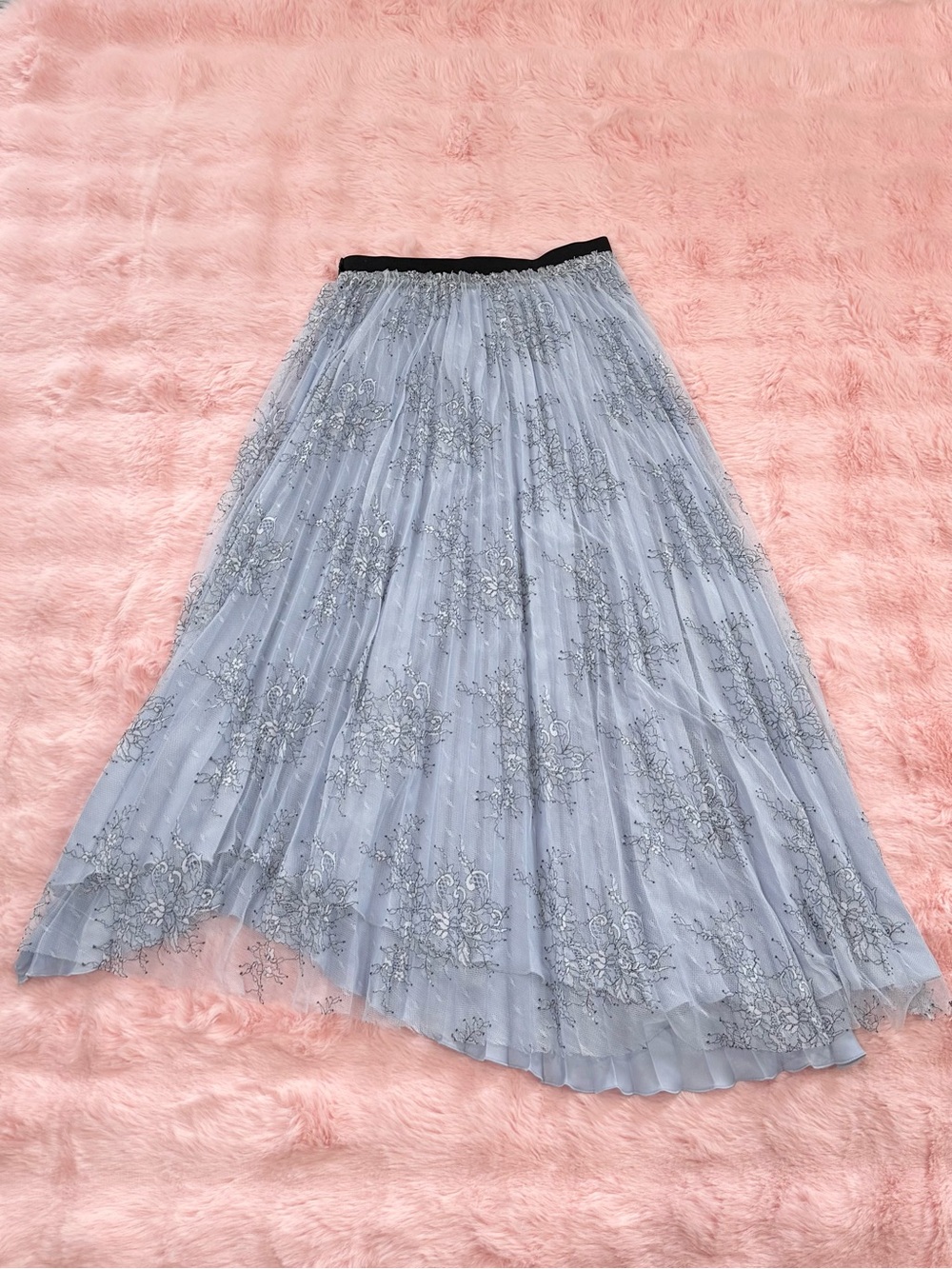 Baby Blue Lace Embroidered Floral Midi Skirt